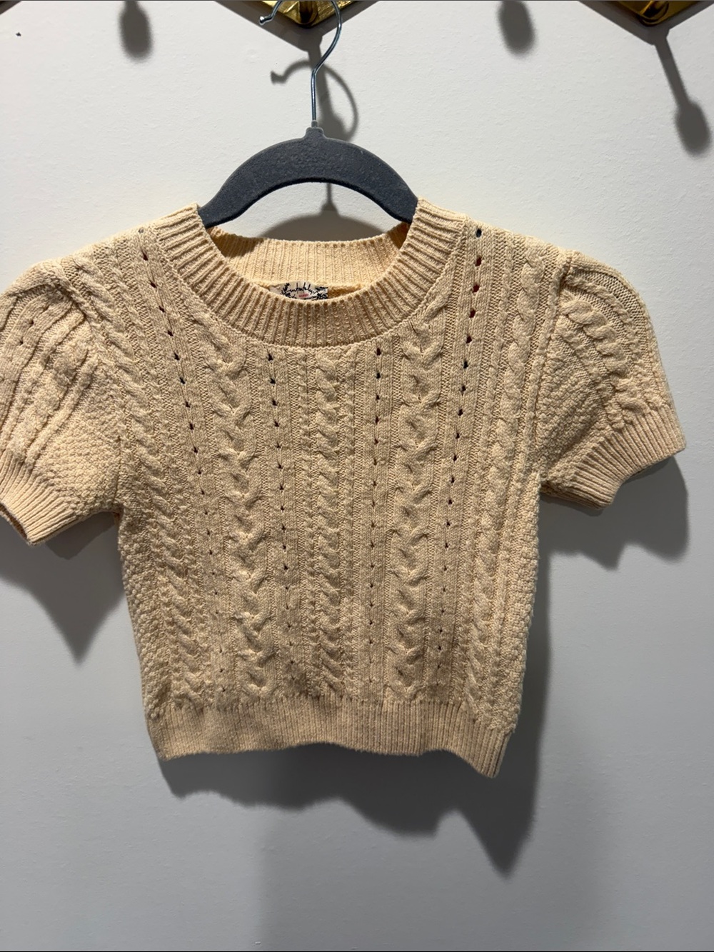 Short-Sleeve Cream Cable Knit Crew Sweater small cropped